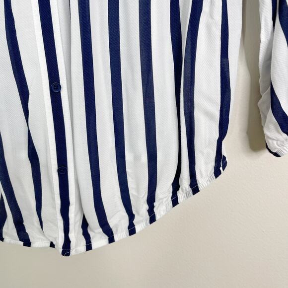 Cupcakes and Cashmere Small Striped Off The Shoulder Top White Blue Button Front - Picture 4 of 9